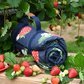 An Image of Strawberries & Cream Extra-Large Family Sized Quilted Picnic Blanket with Carry Handle Navy