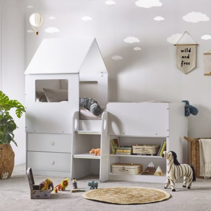 fdc74f7b62319609d2baa7fa7f5e59651b8aa72192e113f1f342278ee0394c9a.jpg An Image of Orpheus - Single - House-Themed Midsleeper with Drawers and Shelving - White - Wooden - 3ft - Happy Beds