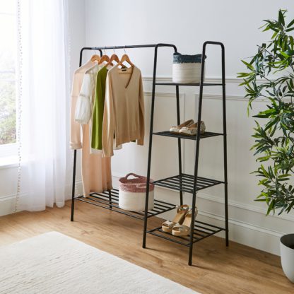 1c14905e1d9cce9667a043088dfab265028106da35f46a36755450f14183cc14.jpg An Image of Multifunctional Metal Clothes Rail with Shelves White