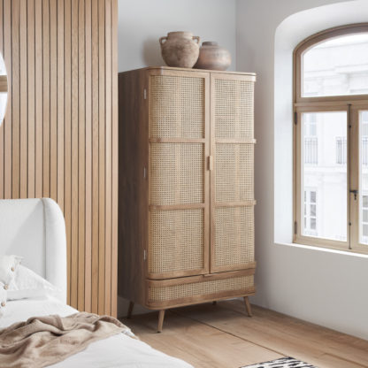 6482ac5a5d6ec338c2479455e23b420bd86f2778f4cc18345b9aff8c91297fbb.jpg An Image of Noah - 2 Door 1 Drawer Wardrobe - Oak - Rattan - Wooden