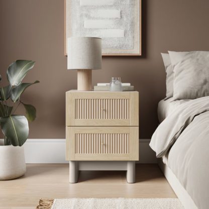 7d19f0574cee0a2a41292d7574730d0715fb40270d04e5536a2bdec92f7e4960.jpg An Image of Maeva 2 Drawer Bedside Table, Light Oak Effect